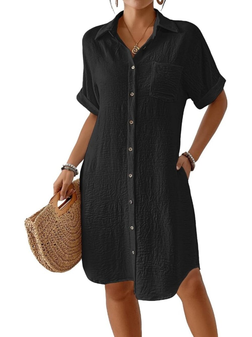 Knee Length Beach Cover-Up Dress for Women with Pockets - Stylish Swimsuit